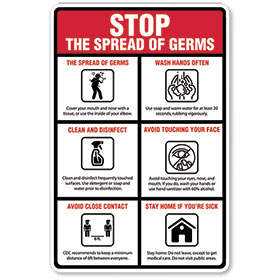 Stop the Spread of Germs  - Sign Vertical 12x18 in