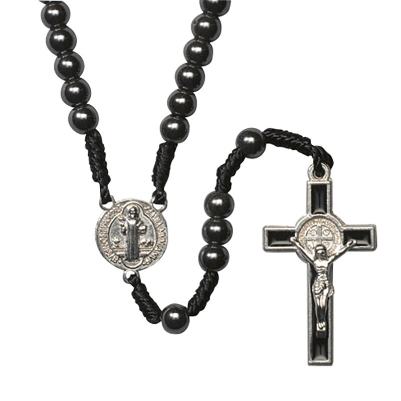 St Benedict Hematite Corded Rosary - 12/pk