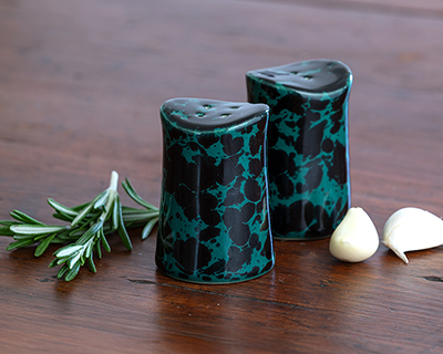 Salt and Pepper Shakers stoneware Black on Green spatter glaze