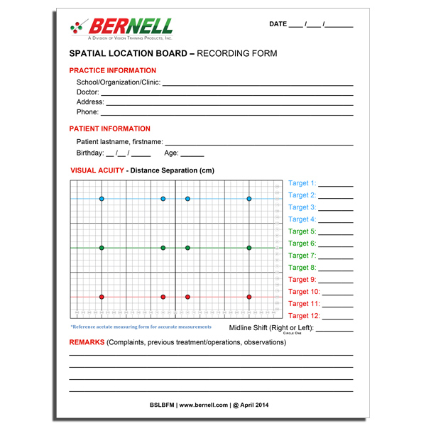 Bernell Spatial Location Board - Height Adjustable Model - SLB™ - Extra Pad of 25 Sheet Recording Forms