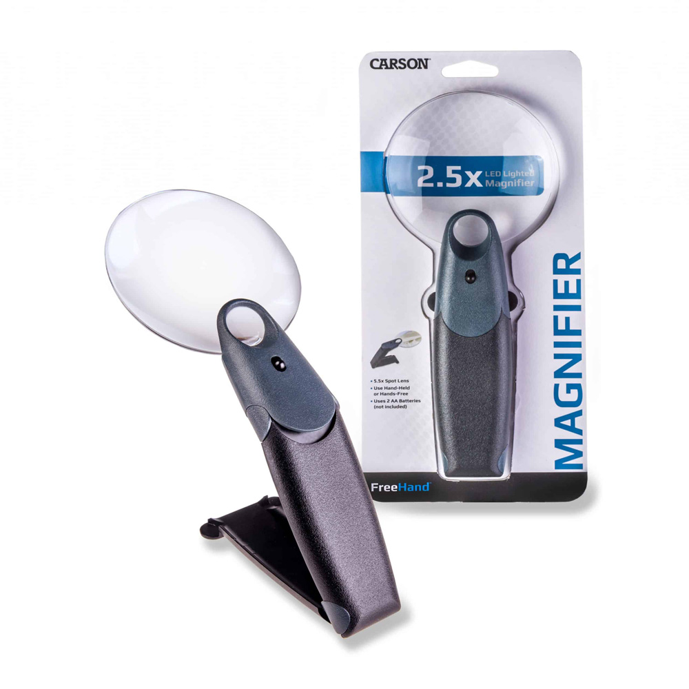 FreeHand™ 2.5x Power 3.5″ LED Lighted Hand-Held or Hands-Free Magnifier with 5.5x Spot Lens