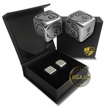 Silver Handcrafted Pair of Gaming Dice .999 Fine with Gift Box - Dragon Design