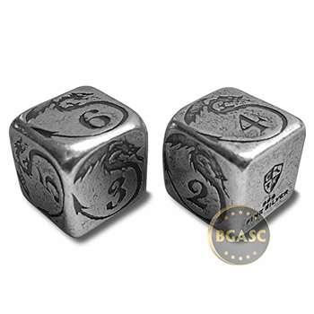 Silver Handcrafted Pair of Gaming Dice .999 Fine with Box - Dragon Design - Image