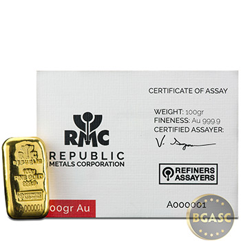 RMC 100 gram Republic Metals Gold Bar .9999 Fine Serial # A000001 w/Assay 