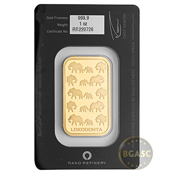 1 oz Gold Bar Rand Refinery Elephant .9999 Fine 24kt Minted Ingot in Assay - Image