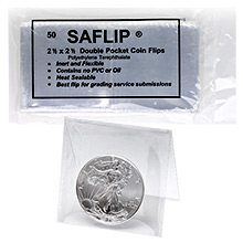 50-Pack SAFLIP® 2.5 x 2.5 Double Pocket Mylar Coin Flips  - Inert & Flexible