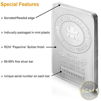 10 oz Royal Canadian Mint Silver Bars .9999 Fine Silver Bullion Ingot - Image