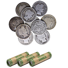 90$ Silver Barber Dimes - $1 Face Value U.S. Mint Coins (Rolls Available)