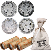 90% Silver Barber Quarters - $1 Face Value U.S. Mint Coins (Rolls & Bags Available)