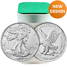 2021 1 oz American Silver Eagles Unopened 20-Coin Roll .999 Fine Brilliant Uncirculated - Type 2, New Design