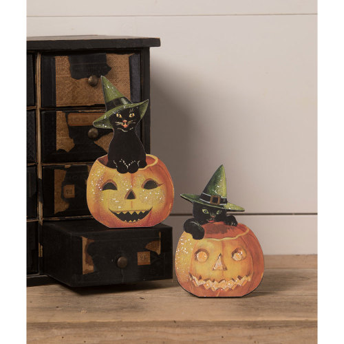 SOS!  Black Cat with Pumpkin Dummy Board Set of Two