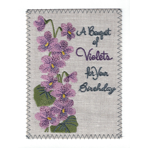 SOS!  Birthday Violets Embroidered Linen Card