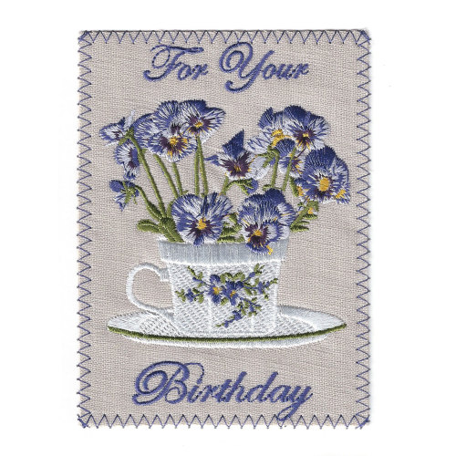 SOS!  Purple Pansies Embroidered Linen Birthday Card