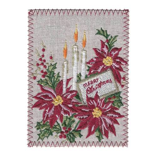 Poinsettias In Candles Embroidered Linen Card