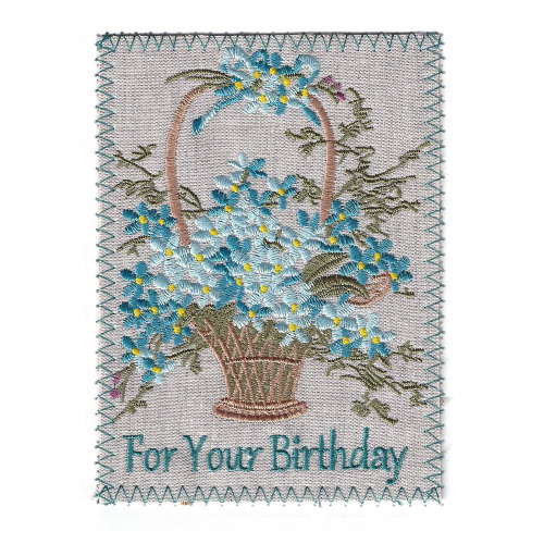 Basket of Flowers Embroidered Linen Birthday Card