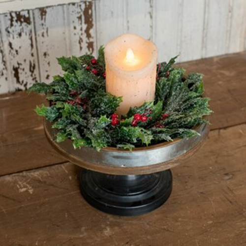Frosty Holly Wreath with Red Berries Candle Ring