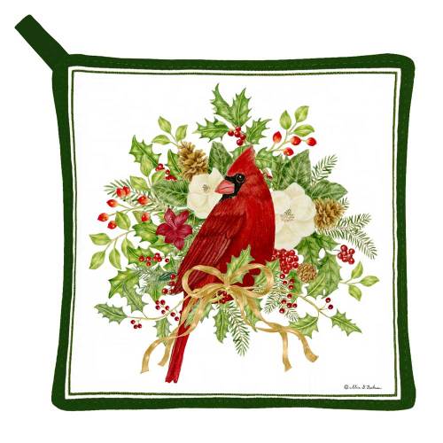SOS!  Cardinal In Holiday Florals Potholder