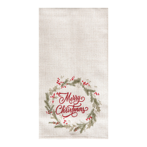 Merry Christmas Wreath Embroidered Dishtowel