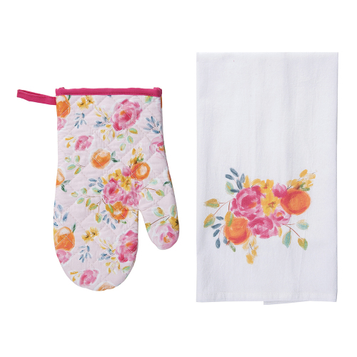 Pink Floral Mitt & Tea Towel Set
