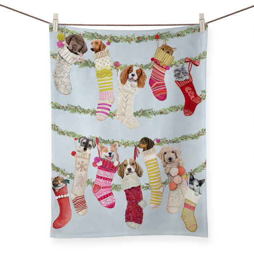 Sweet Pets In Stockings Tea Towel