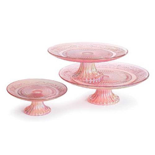 SOS!  Iridescent Pink Glass Cake Plate S/3