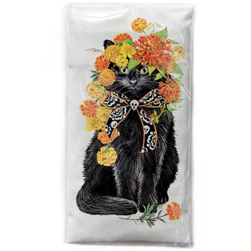 Black Cat with Marigolds Flour Sack Towel