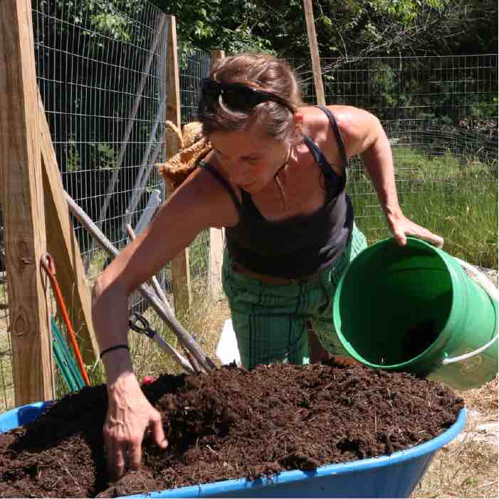 woman leaning over a blue wheelbarrow filled with compost