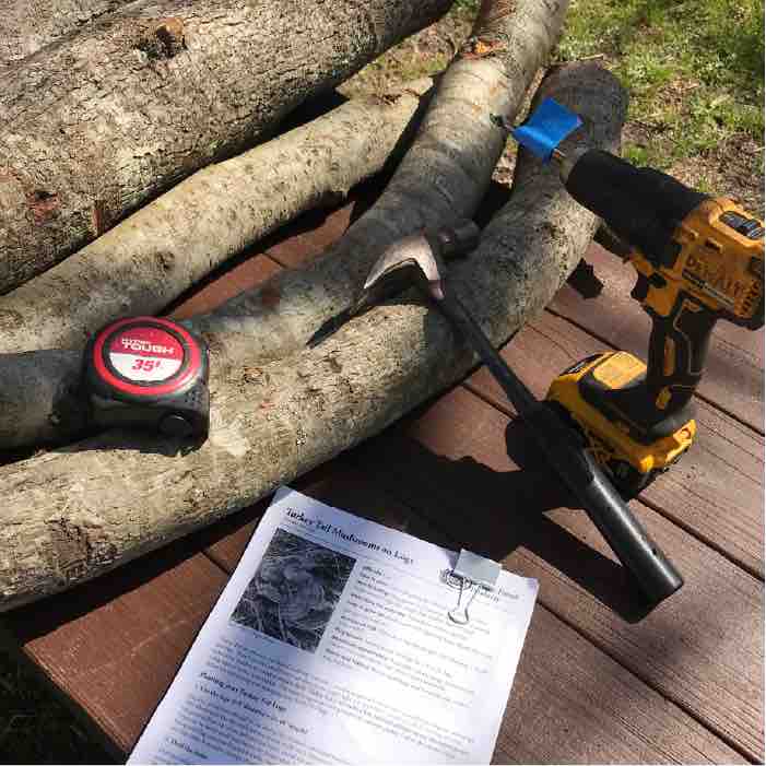 Logs, a drill, and an instruction sheet on how to grow Turkey Tail Mushrooms on logs