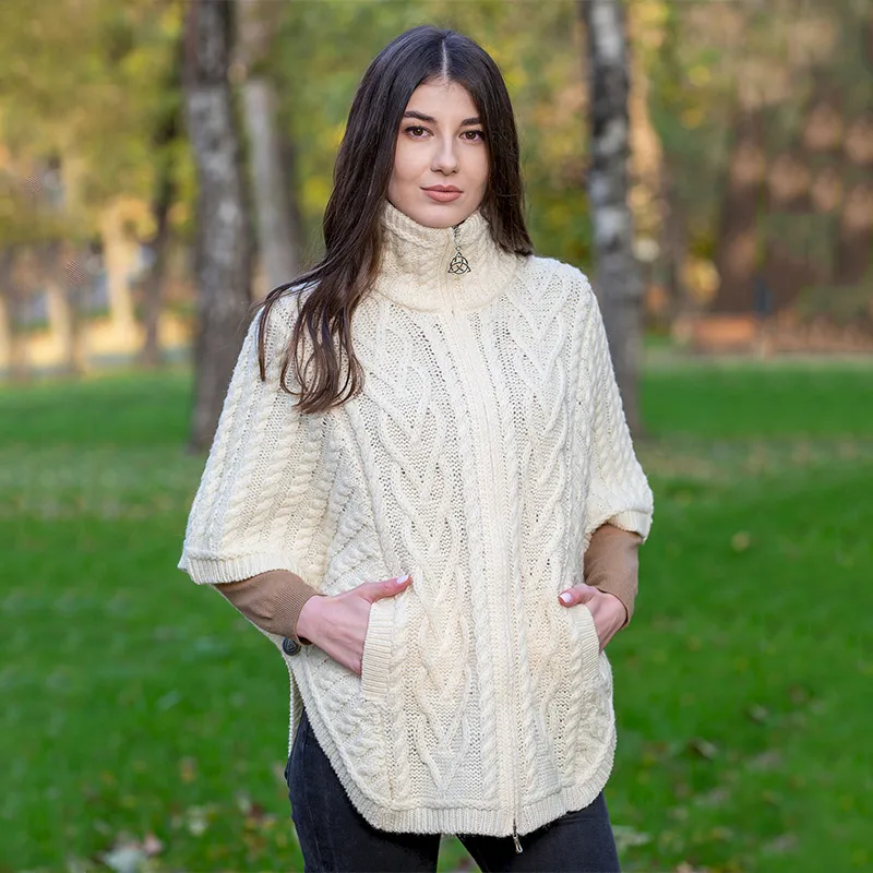 A10014 NATURAL WHITE Colour Aran Funnel Neck Poncho Jacket Lifestyle  Gaelsong 