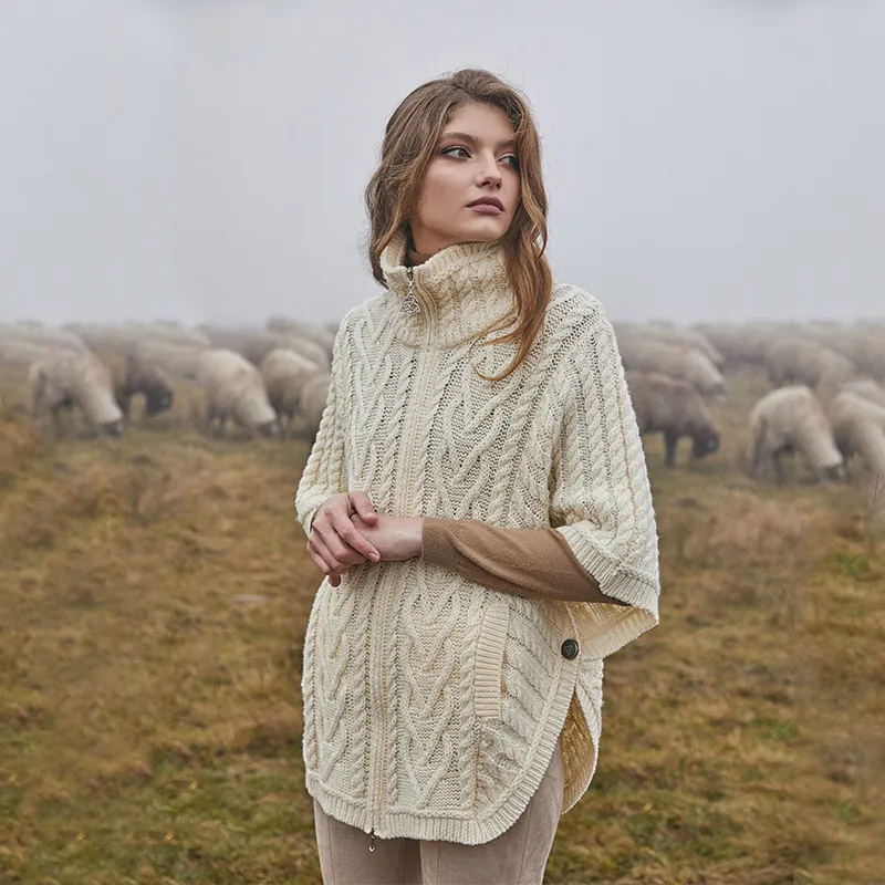 A10014 NATURAL WHITE Colour Aran Funnel Neck Poncho Jacket Gaelsong 