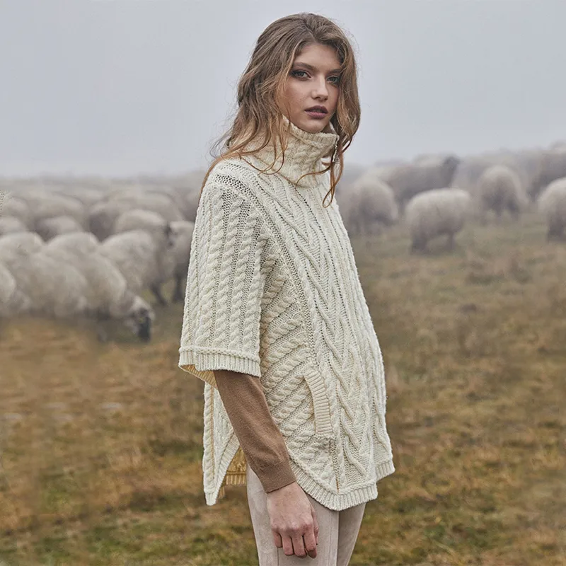A10014 NATURAL WHITE Colour Aran Funnel Neck Poncho Jacket Side View Gaelsong 