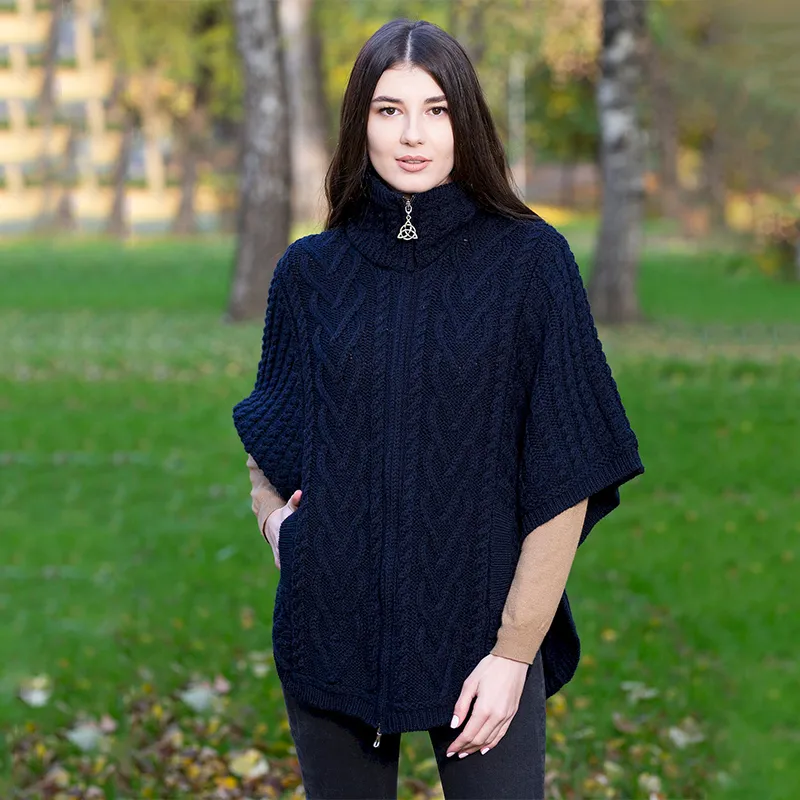 A10014 NAVY Colour Aran Funnel Neck Poncho Jacket Gaelsong 