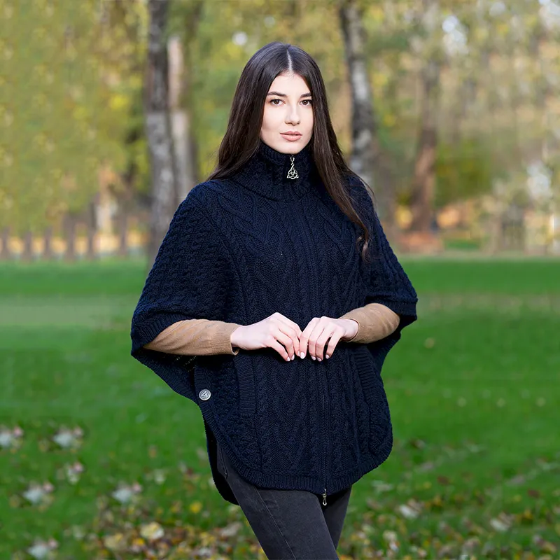 A10014 NAVY Colour Aran Funnel Neck Poncho Jacket Lifestyle Gaelsong 