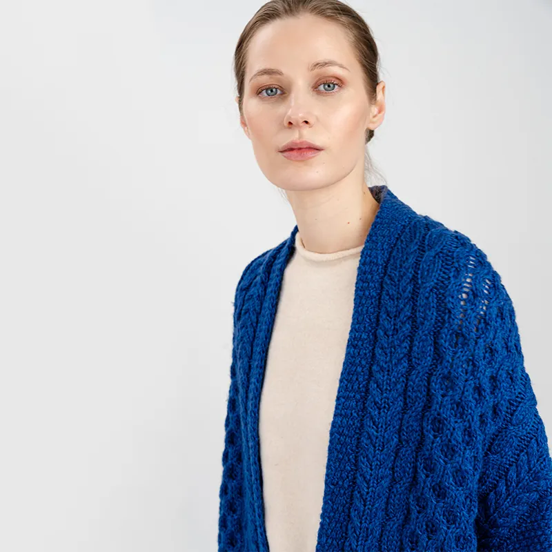 A10034 BLUE Colour Fringed Pocket Shawl Studio Closeup Front Gaelsong