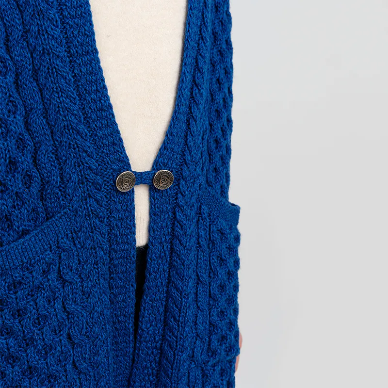A10034 BLUE Colour Fringed Pocket Shawl Studio Closeup Front View Gaelsong