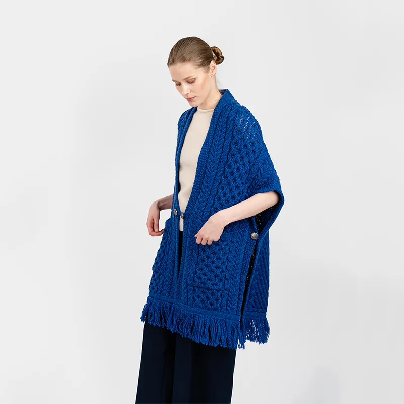 A10034 BLUE Colour Fringed Pocket Shawl Studio Side View Gaelsong