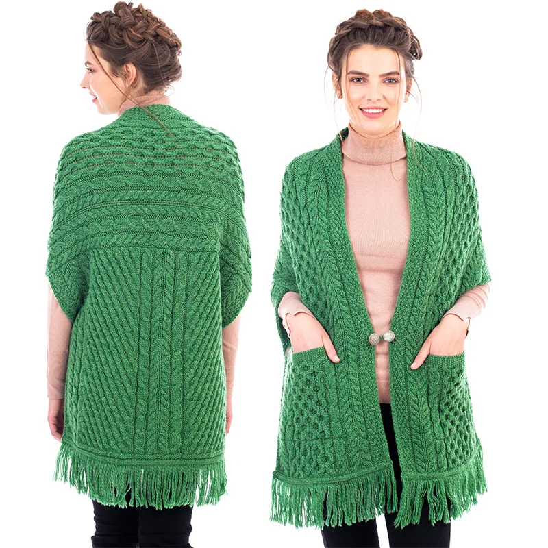 A10034 GREEN Colour Fringed Pocket Shawl Studio Gaelsong