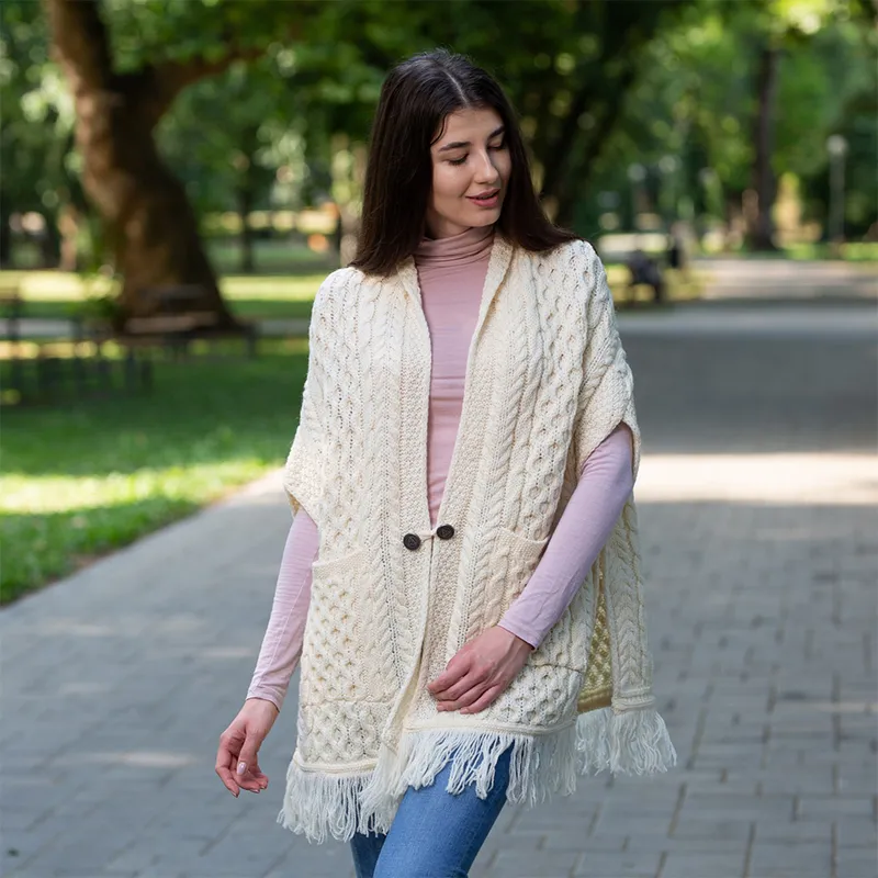 A10034 NATURAL WHITE Colour Fringed Pocket Shawl Lifestyle Gaelsong