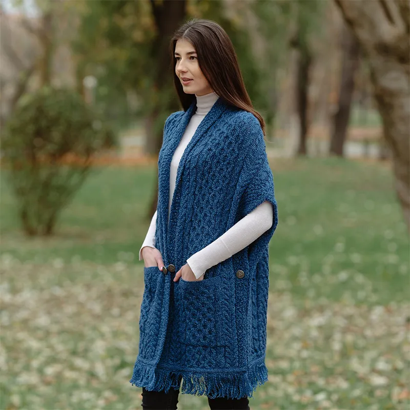 A10034 BLUE Colour Fringed Pocket Shawl Lifestyle Gaelsong