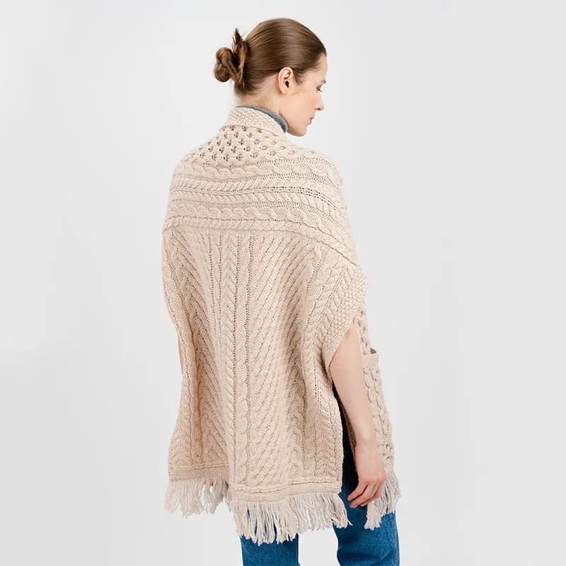 A10034 PARSNIP Colour Fringed Pocket Shawl Studio Back Side View Gaelsong
