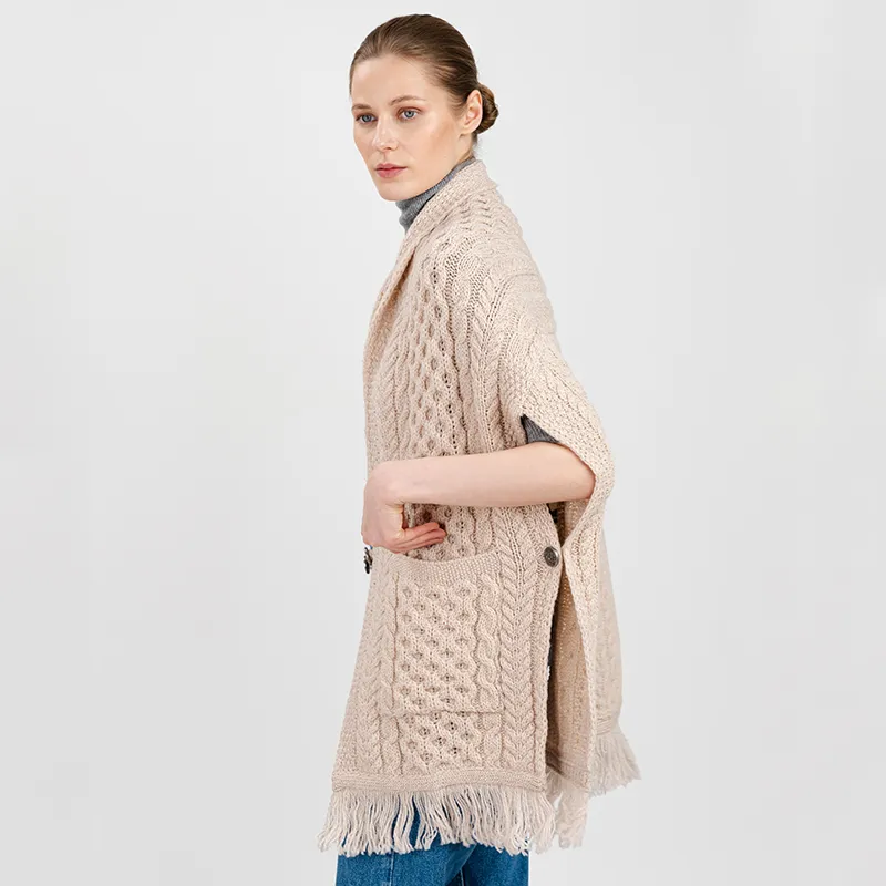 A10034 PARSNIP Colour Fringed Pocket Shawl Studio Side View Gaelsong
