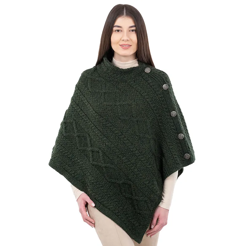 A10073 ARMY GREEN Colour Celtic Knots Traditional Cowl Neck Poncho Studio Gaelsong