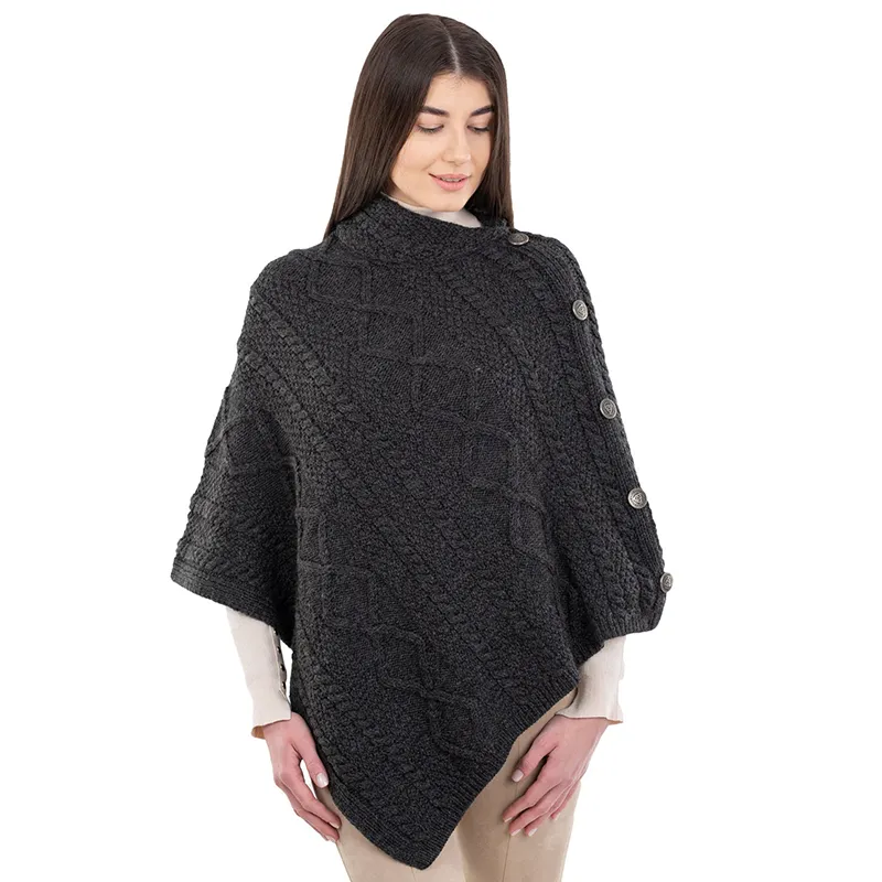 A10073 CHARCOAL Colour Celtic Knots Traditional Cowl Neck Poncho Studio Gaelsong