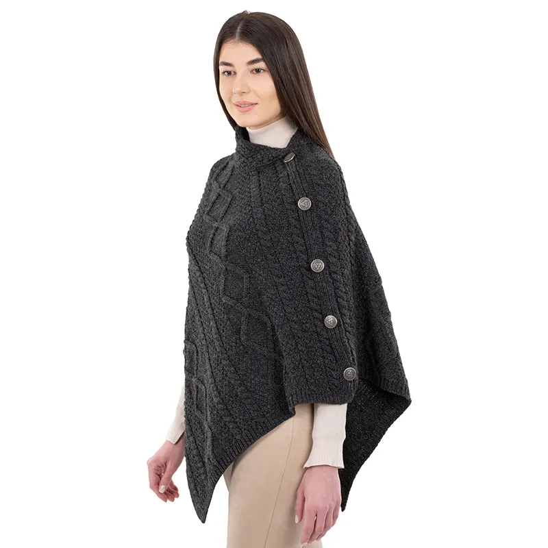 A10073 CHARCOAL Colour Celtic Knots Traditional Cowl Neck Poncho Studio Side View  Gaelsong