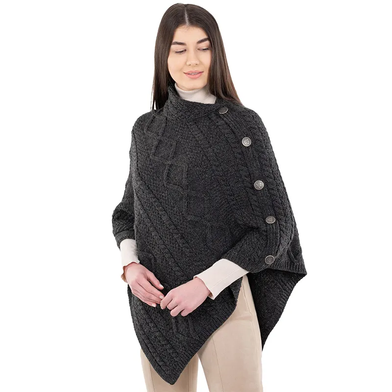 A10073 CHARCOAL Colour Celtic Knots Traditional Cowl Neck Poncho Studio Side View Gaelsong