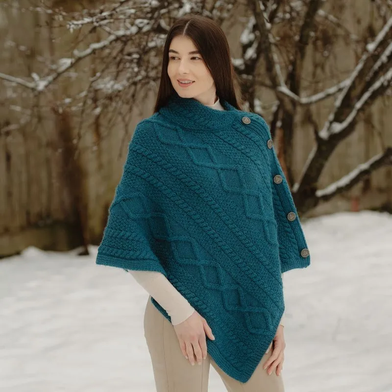 A10073 TEAL Colour Celtic Knots Traditional Cowl Neck Poncho Gaelsong