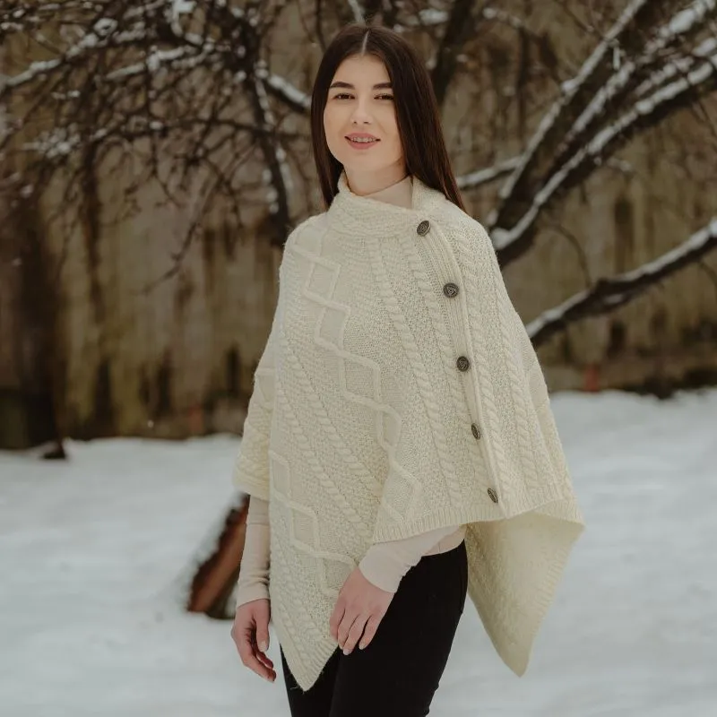 A10073 WHITE Colour Celtic Knots Traditional Cowl Neck Poncho Side View Gaelsong