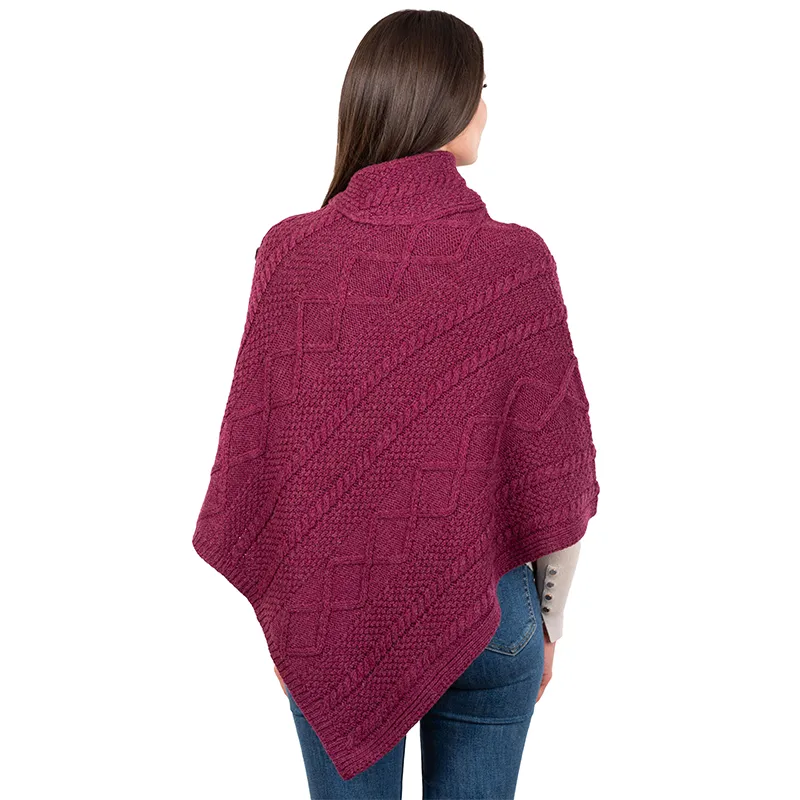 A10073 WINE Colour Celtic Knots Traditional Cowl Neck Poncho Studio Back Side Gaelsong