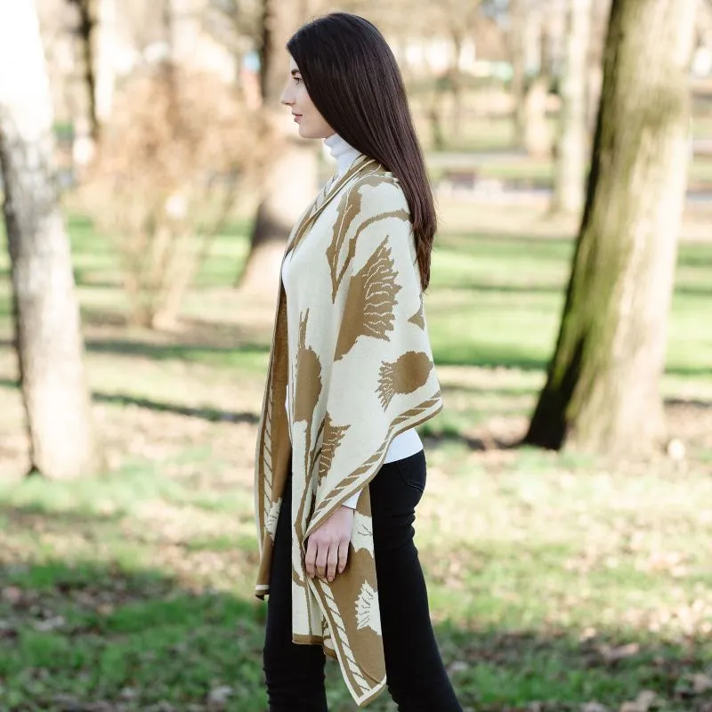 A10084 BROWN Colour Scottish Thistle Cotton Shawl Lifestyle Side View Galesong