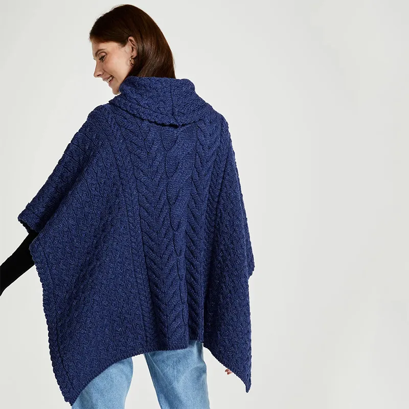 A10087 INK BLUE Colour Aran Supersoft Merino Poncho with Cowl Neck Studio Back Side Gaelsong 